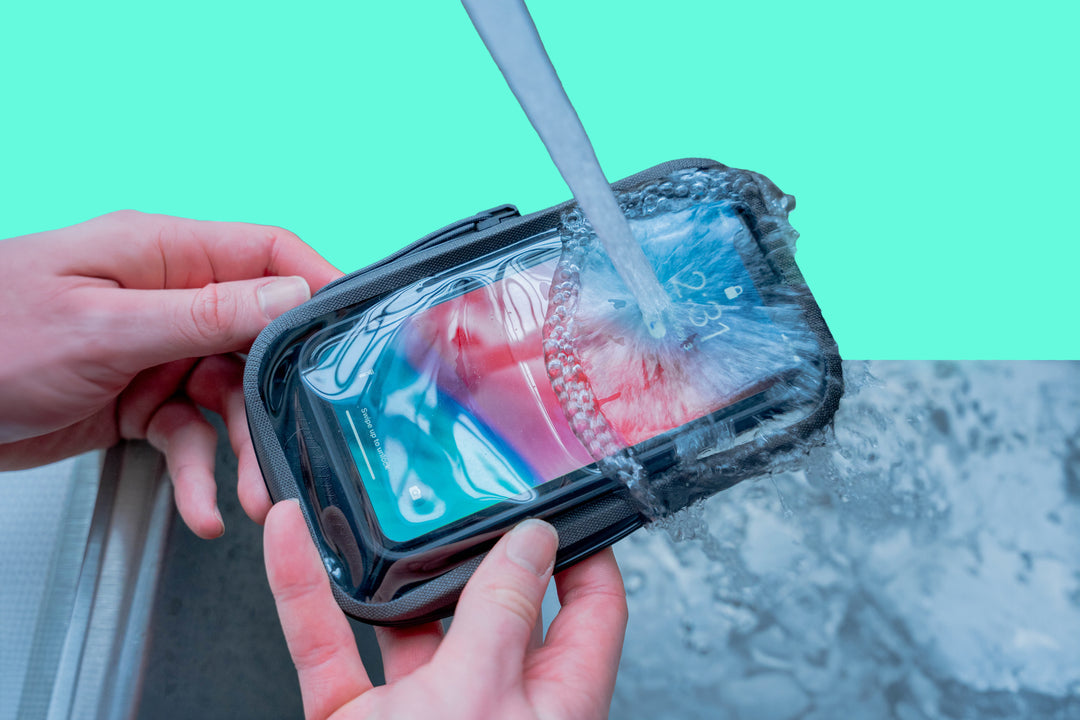 water proof phone case submerged under running water