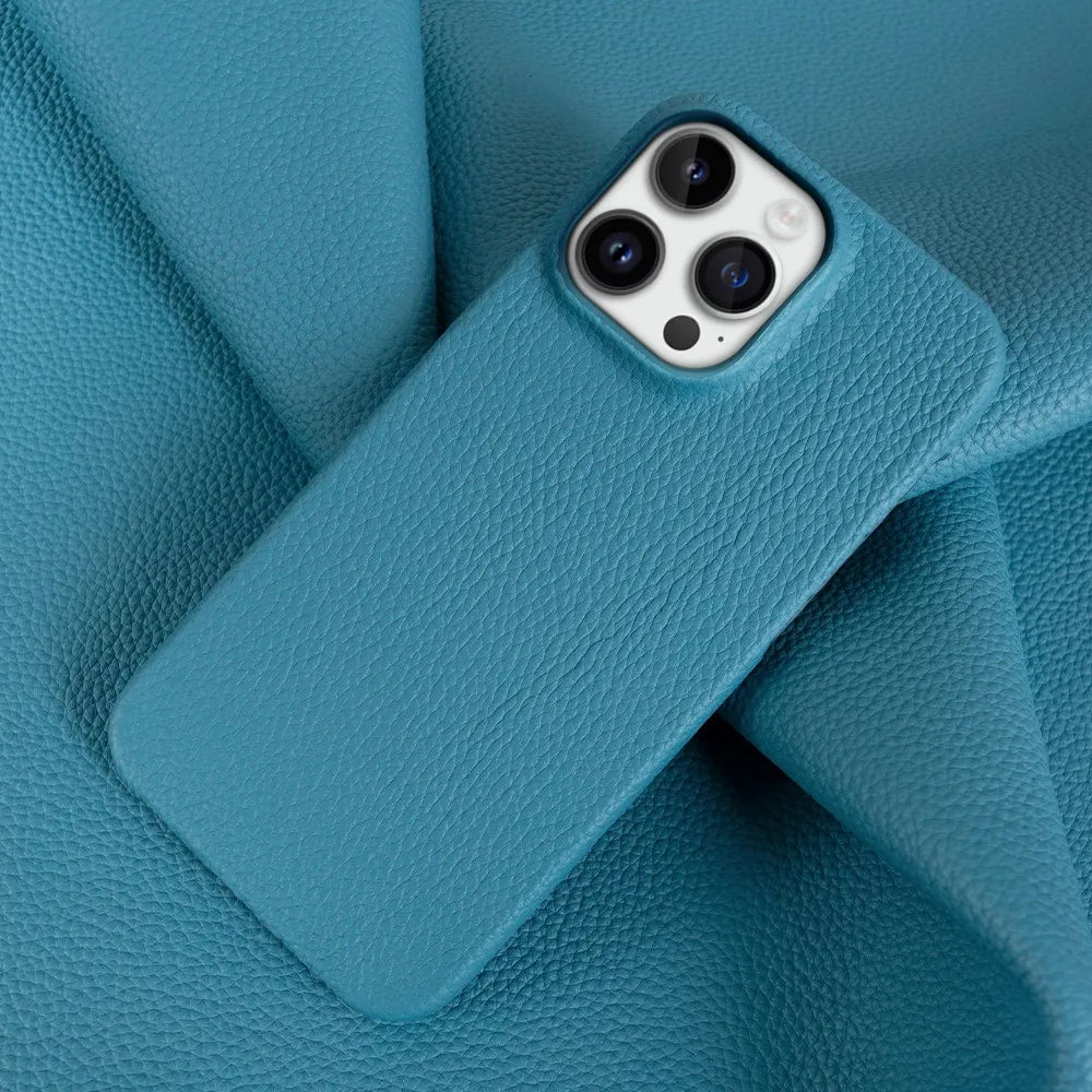 Handmade blue leather phone case with blue background