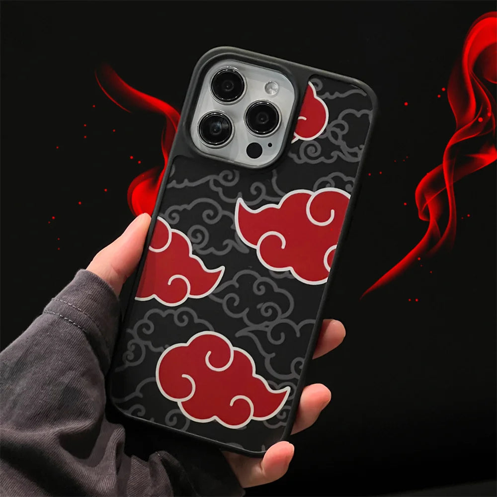 A person holds an iPhone with the Akatsuki Clouds for iPhone case, which features a red and white cloud pattern set against a dark backdrop with swirling red design elements.