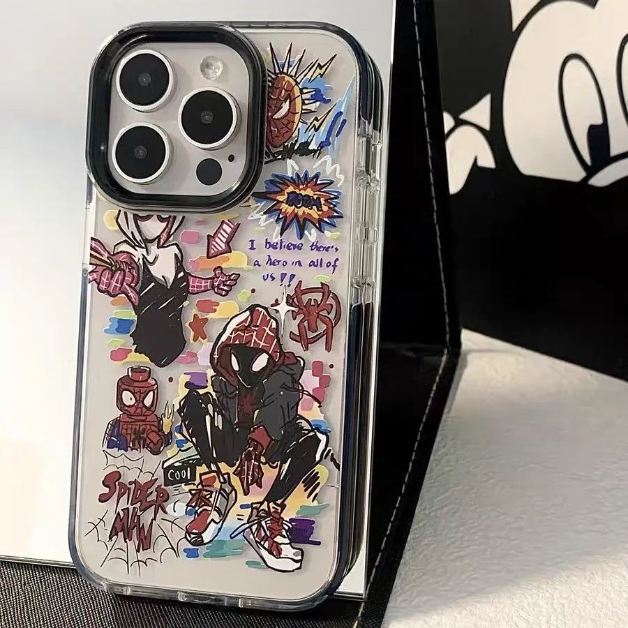 A transparent phone case with a colorful Spider-Verse design. It features characters like Miles Morales, Gwen Stacy, and other Spider-People