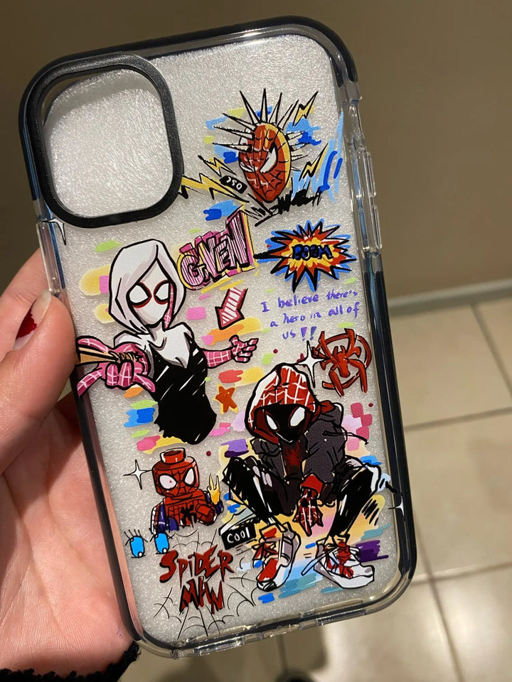 A transparent phone case with a colorful Spider-Verse design. It features characters like Miles Morales, Gwen Stacy, and other Spider-People