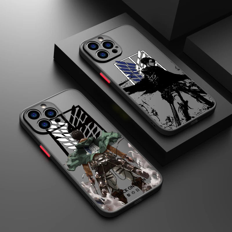 Two attack on titan phone cases featuring Eren and Levi