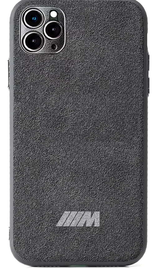 Introducing the BMW M for iPhone: a smartphone that combines a sleek design with rugged protection, featuring a textured black case and an elegantly embossed BMW M Performance logo at the bottom.