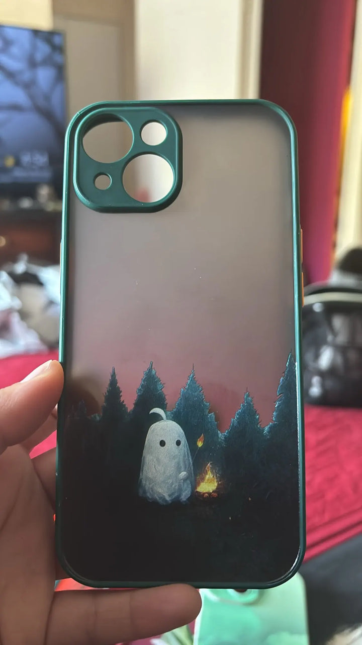 Phone case of cute ghost next to campfire