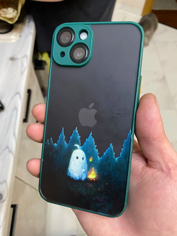 Phone case of cute ghost next to campfire