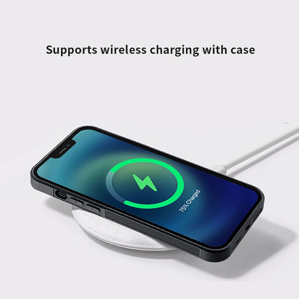 A smartphone with a Carbon Fiber for iPhone case rests on a wireless charging pad, accompanied by the text, "Supports wireless charging with case." The phone screen displays a 75% charge.