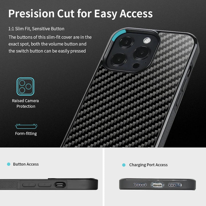 A smartphone encased in the Carbon Fiber for iPhone is showcased. The text points out features such as raised camera protection, precise button access, and a form-fitting design, with close-up shots of the button and charging port access emphasizing premium protection for your iPhone.