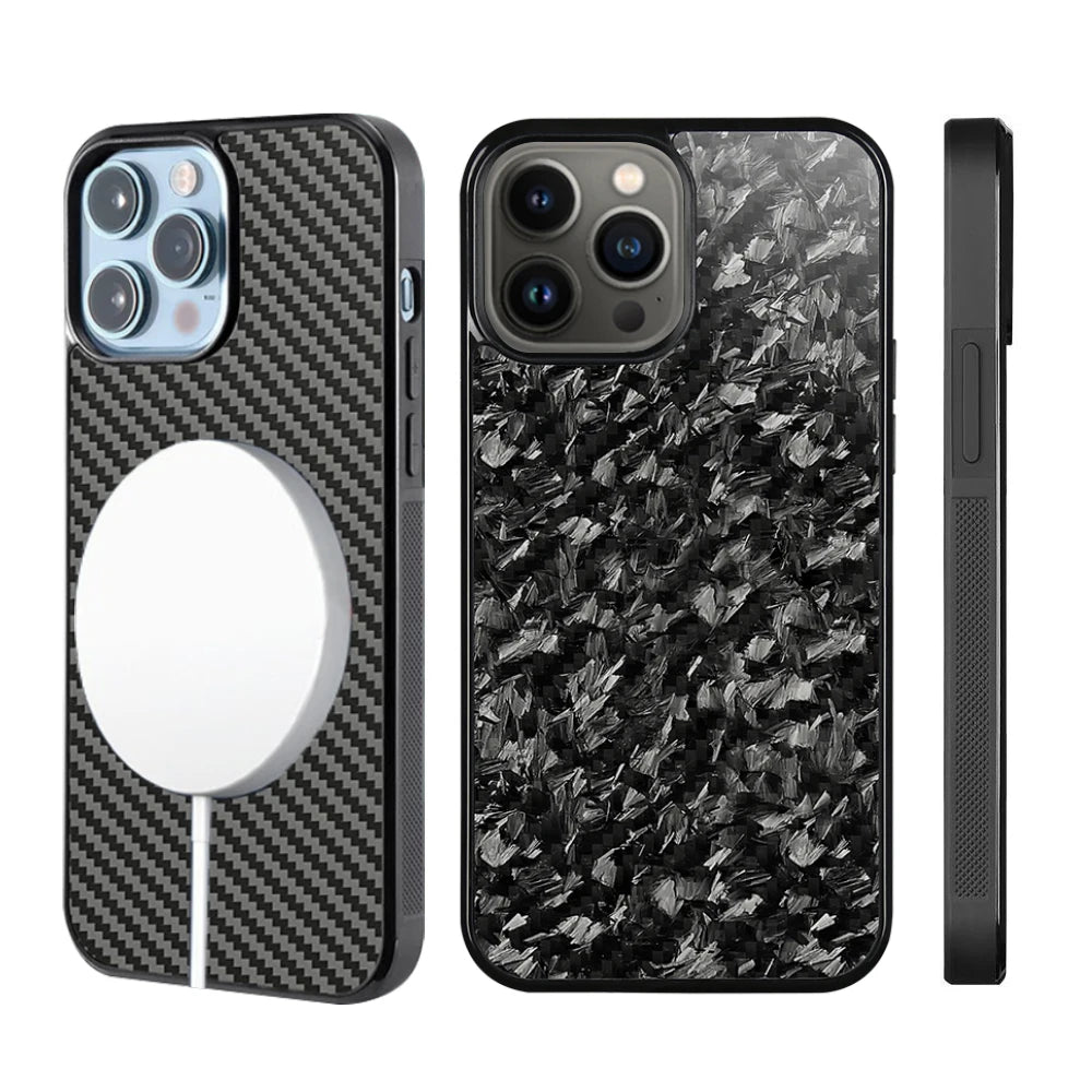 Two rugged phone cases designed for smartphones, with the Carbon Fiber for iPhone featuring an Aramid carbon fiber pattern and a circular charging pad, while the other boasts a textured, reflective black surface. Both cases are depicted in front and side views and are ideal for those seeking supreme iPhone protection.