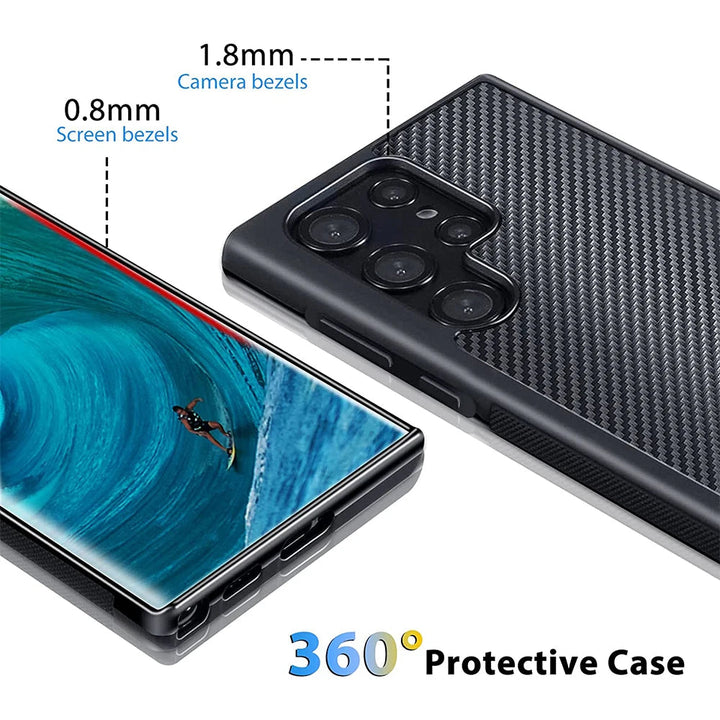 The Carbon Fiber for Samsung case in black, featuring a textured finish, is displayed on a smartphone. The image emphasizes the case's 1.8mm camera bezels and 0.8mm screen bezels, underscoring its Ultimate Protection with 360-degree coverage. The phone screen shows a surfer riding a wave, ideal for Samsung devices.