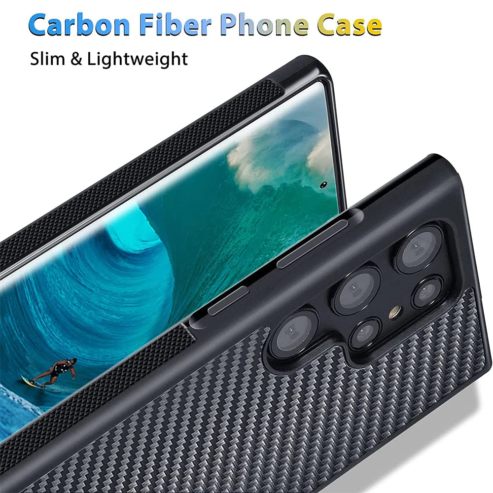 A smartphone encased in a Carbon Fiber for Samsung case, showcasing both its back and screen. The black case features a textured pattern. The screen displays an ocean wave with a surfer riding it. Text above reads "Carbon Fiber for Samsung" and "Ultimate Protection & Slim Design.