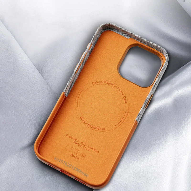 Orange "Card holder for iPhone" with an opening for the camera, a fabric edge trim, and a convenient card pocket.