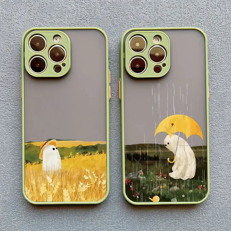 Two matcha colored phone cases featuring cute ghost