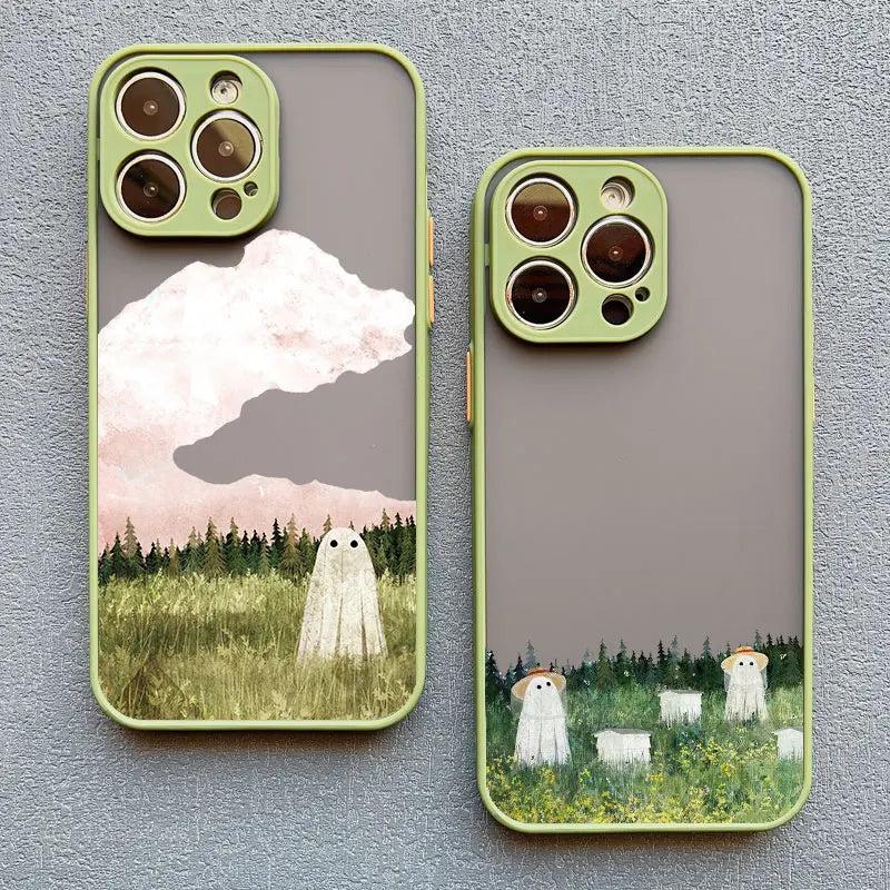 Two matcha colored phone cases featuring cute ghost