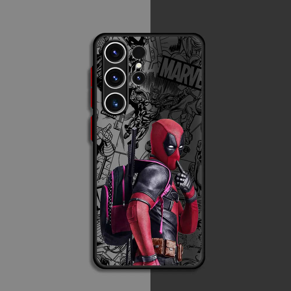 A phone case with a Deadpool design and marvel characters in the background