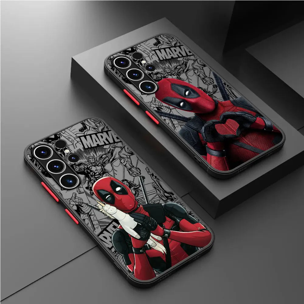 A phone case with a Deadpool design, the case features Deadpool in various poses 