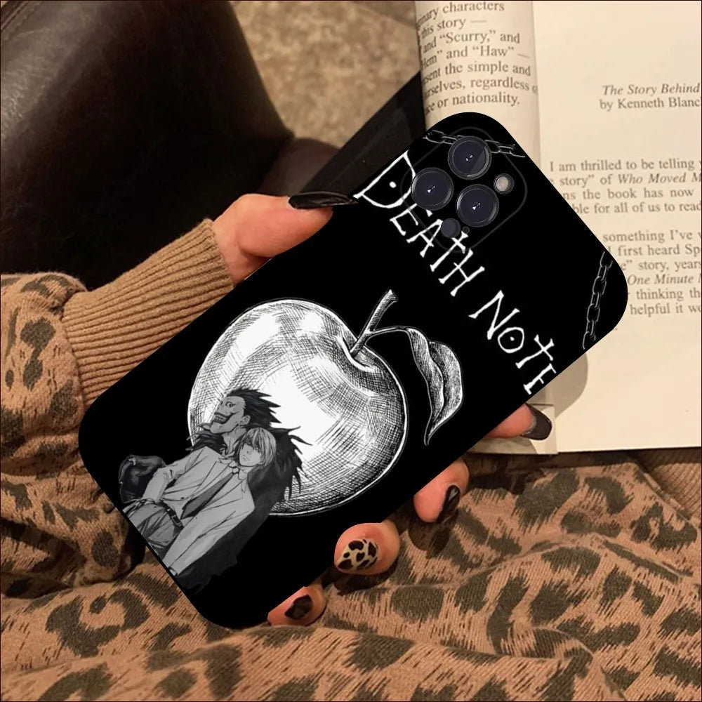 A black phone case featuring a drawing of Ryuk, the Shinigami, and Light Yagami from Death Note