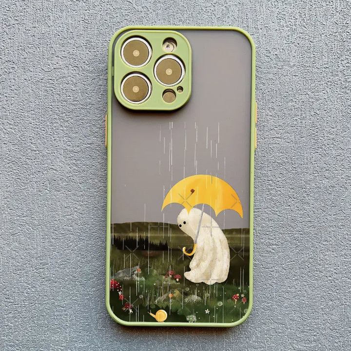 Phone case of cute ghost in rain