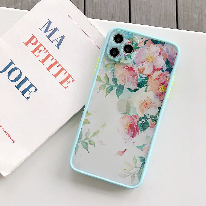 Phone case with flowers depicted in a watercolor style