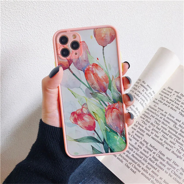 Phone case with flowers depicted in a watercolor style