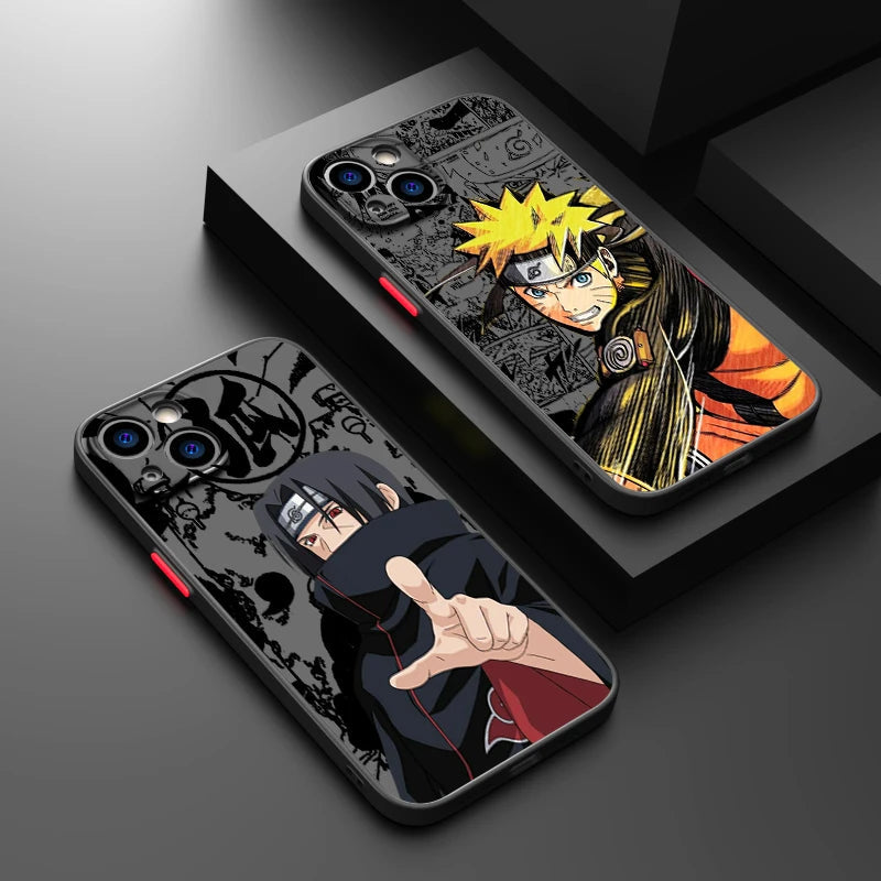 Two Frosted Matte for iPhone cases. One case showcases a character in black and red attire pointing forward, while the other features a Naruto character with spiky yellow hair in an action pose, making these lightweight anti-scratch phone cases perfect for anime fans.