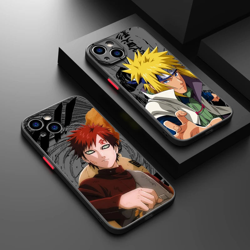 Two smartphones with lightweight, anti-scratch phone cases featuring Naruto characters are placed on a dark surface. One Frosted Matte for iPhone case showcases a character with red hair, while the other displays a character with blond hair.