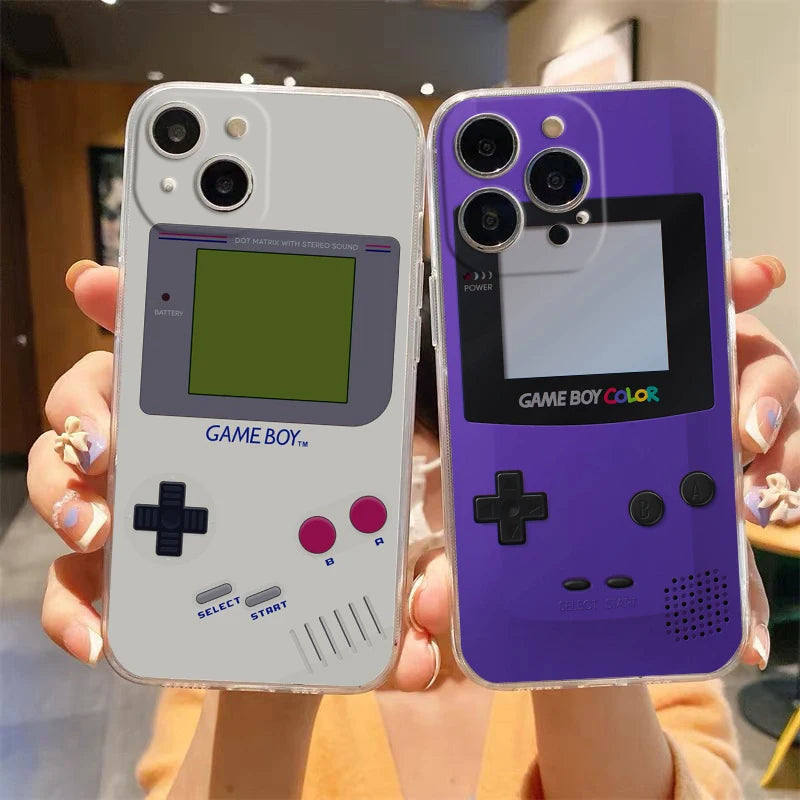 Two hands holding iPhones encased in Gameboy Cases designed to resemble retro Game Boy consoles. The left case mirrors the classic grey Game Boy, while the right one channels the purple Game Boy Color. Both cases capture realistic buttons and screens, making them perfect for any retro gaming enthusiast.