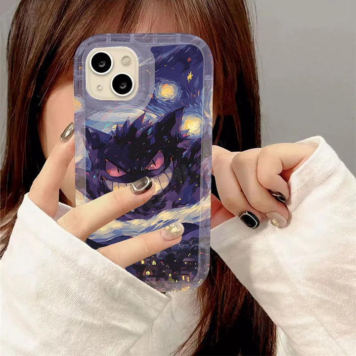 A person holding a phone covered with the Gengar Starry Night for Samsung case, showcasing the dark, menacing Pokémon against a starry, Van Gogh-inspired background. Their face is mostly obscured by the phone.