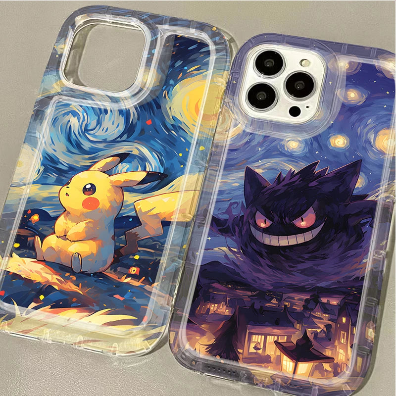 Two phone cases are displayed, each featuring colorful Pokémon artwork of Pikachu and Gengar against Van Gogh-inspired Starry Night backgrounds, including the Gengar Starry Night for Samsung.