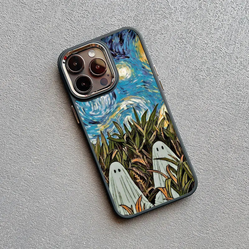 Phone case of cute ghost with Starry Night inspired sky