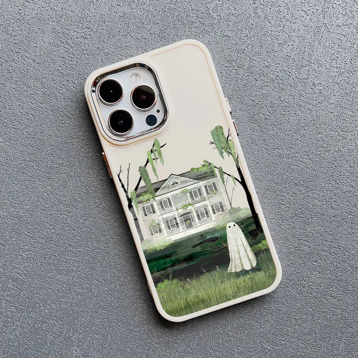 Phone case of cute ghost close to house