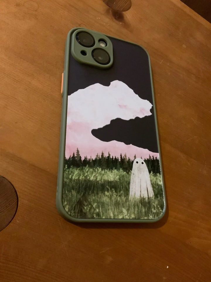 Phone case of cute ghost in green field