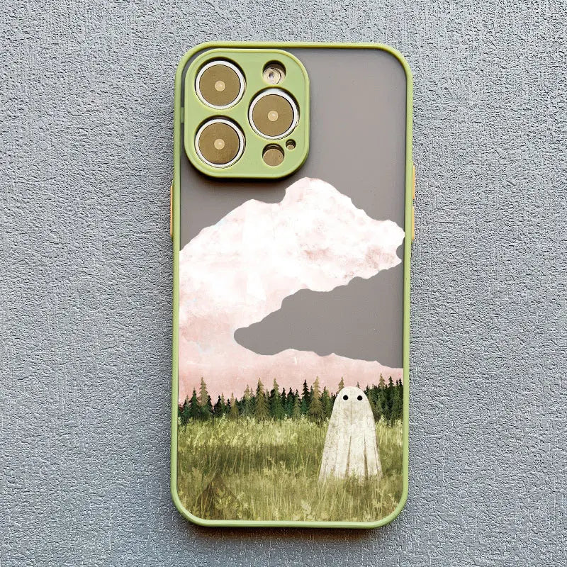 Phone case of cute ghost in green field