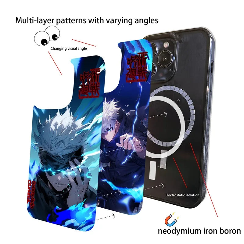 Two phone cases featuring Satoru Gojo from Jujutsu Kaisen. The cases have a black frame with a holographic effect, showcasing Gojo's intense expression and lightning-like energy.