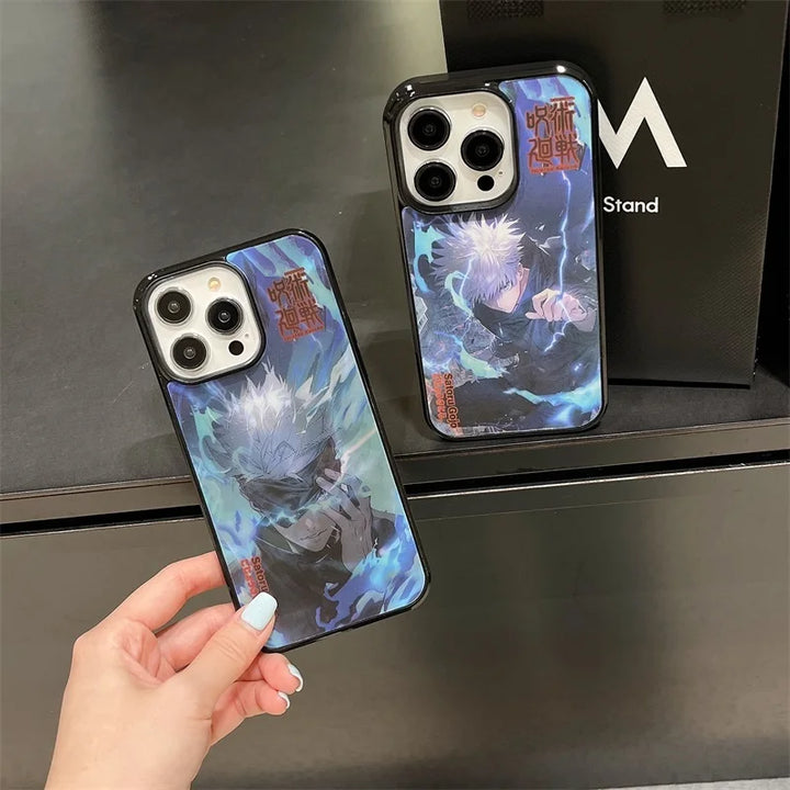 Two phone cases featuring Satoru Gojo from Jujutsu Kaisen. The cases have a black frame with a holographic effect, showcasing Gojo's intense expression and lightning-like energy.