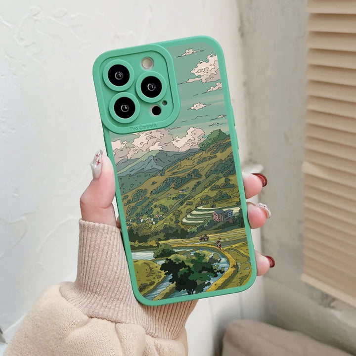 green anime scenery inspired phone case