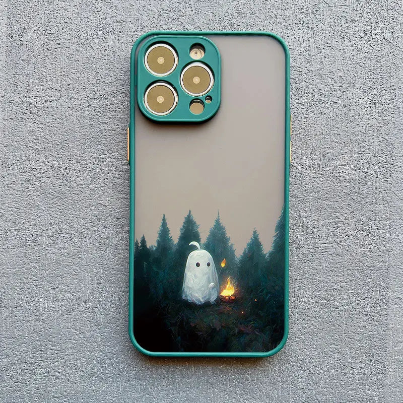 Phone case of cute ghost next to campfire