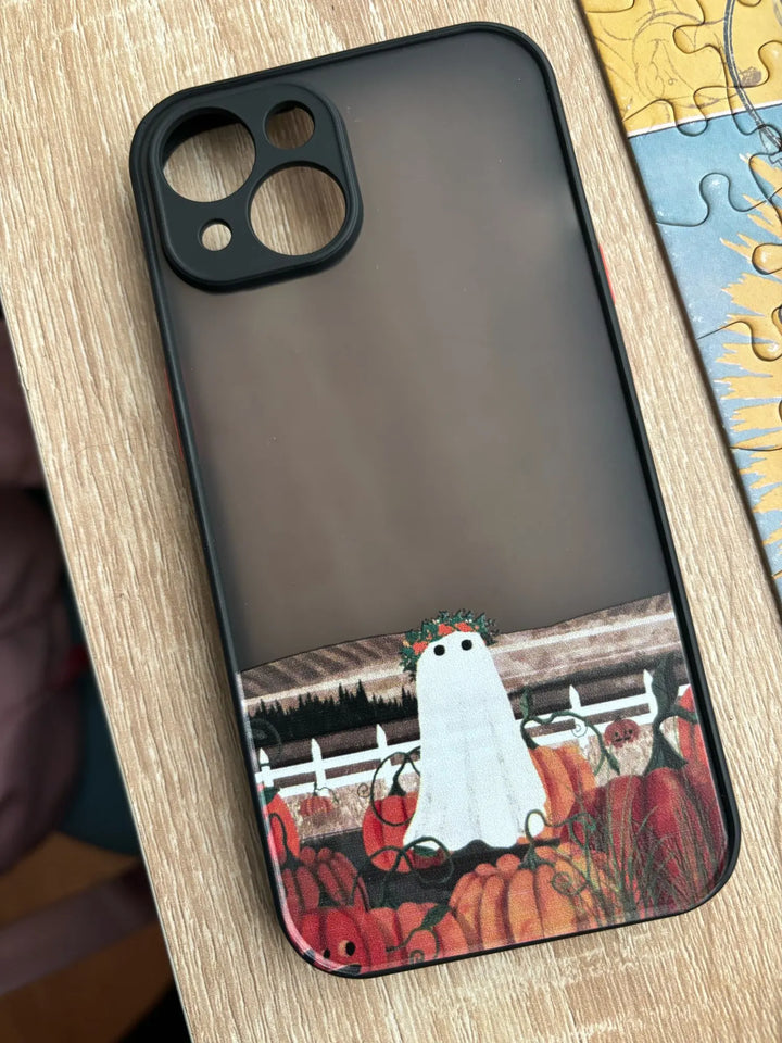 Phone case of cute ghost in pumpkin patch