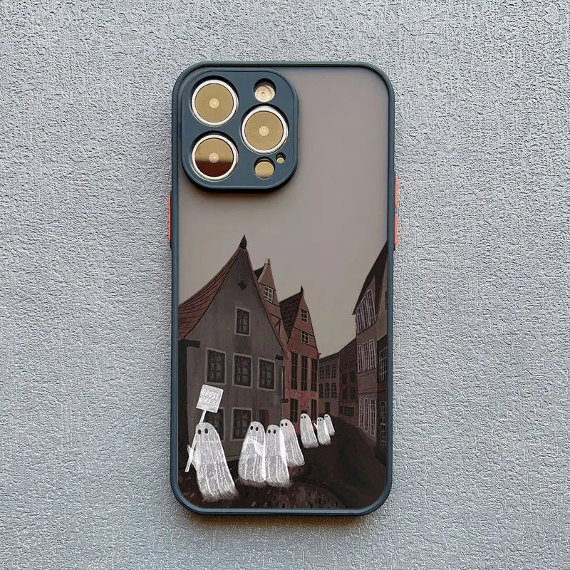 Phone case of cute ghosts in small town