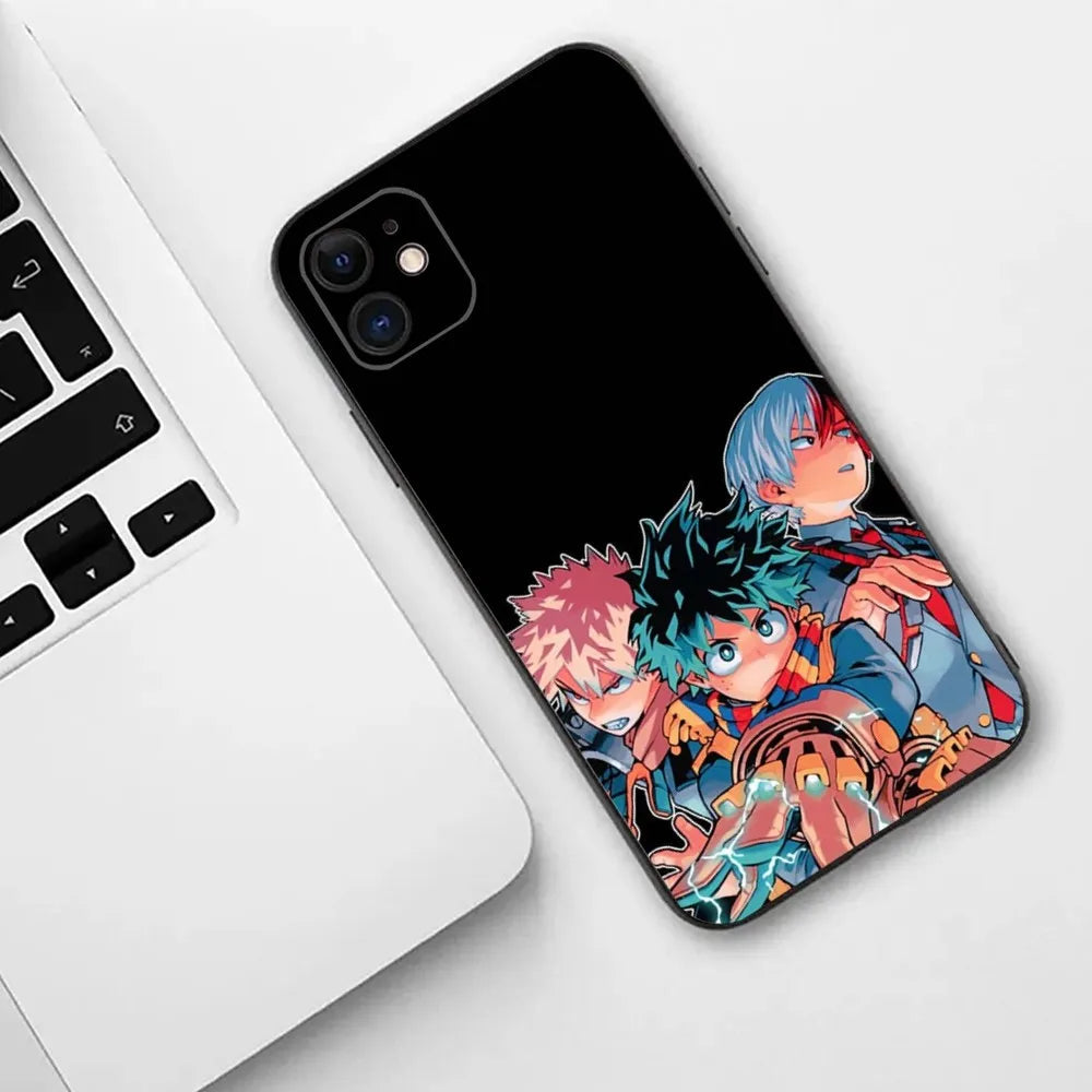 iPhone case with design of Deku, Bakugo, and Todoroki from My Hero Academia