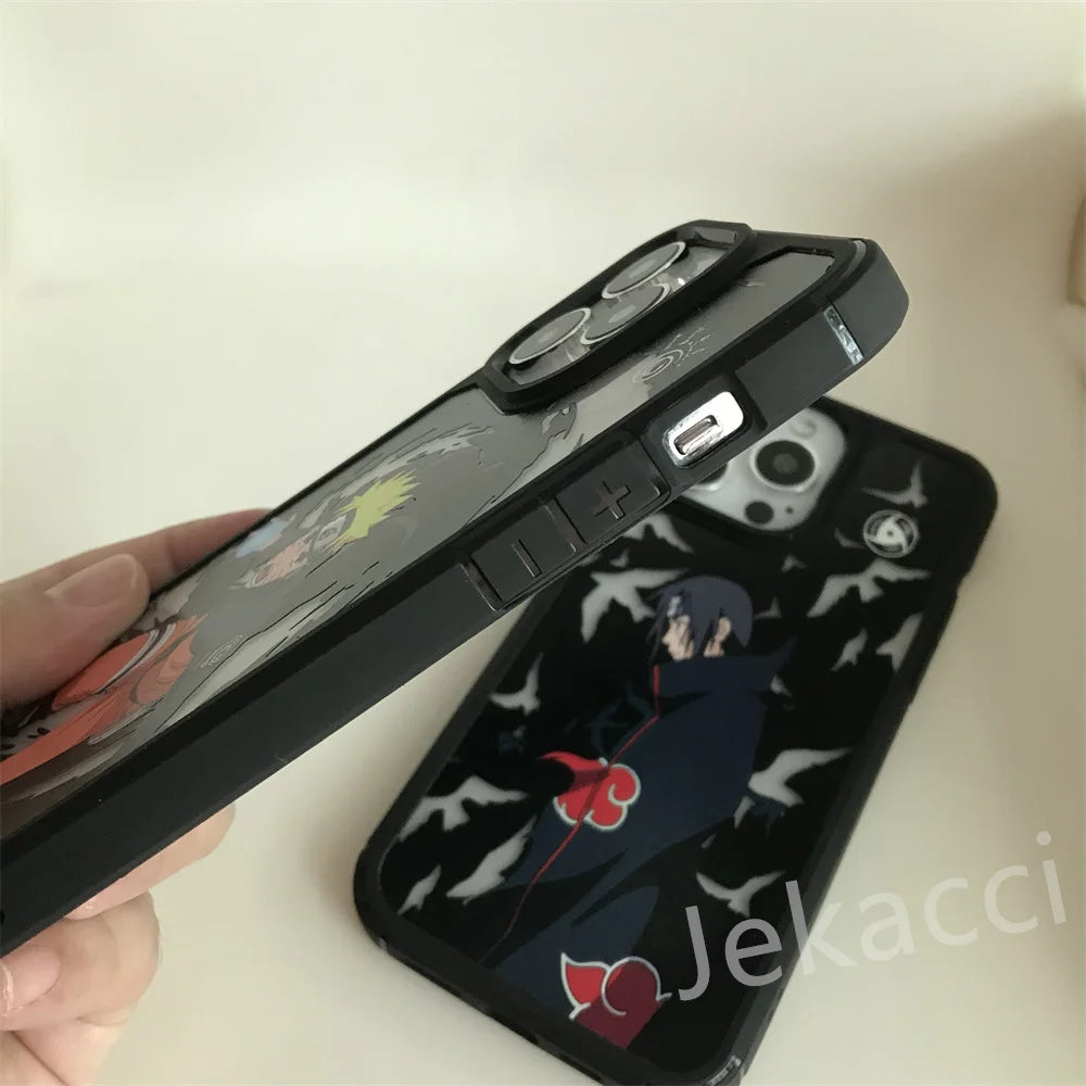 Two Hidden Leaf Legends for iPhone cases featuring anime characters. One case showcases Naruto, a blond character, and the other displays Itachi, a dark-haired character in a black and red cloak.