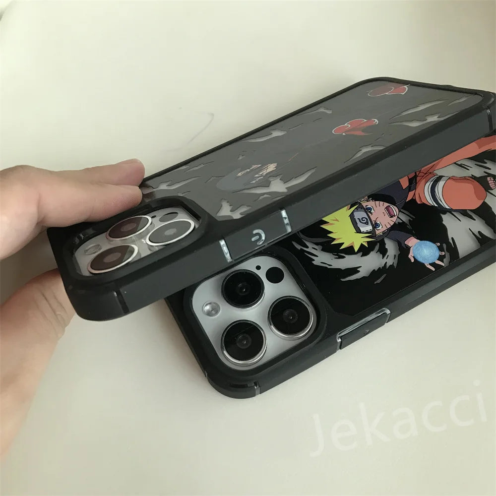 A person is holding a smartphone encased in a Hidden Leaf Legends for iPhone case, which features an anime character design. The phone, decorated with Sasuke, showcases a triple camera setup at the back.