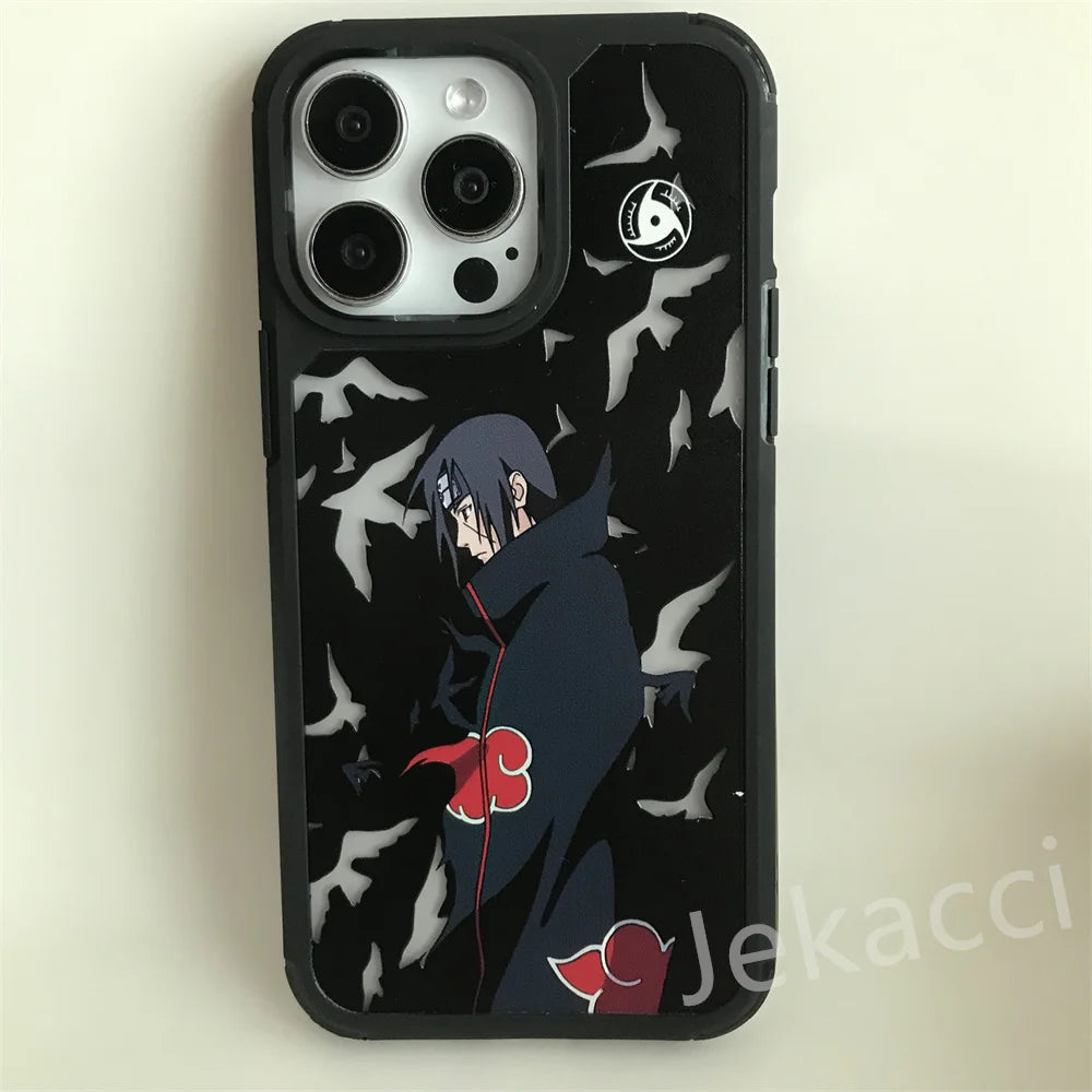 Introducing the Hidden Leaf Legends for iPhone: A sleek black smartphone case adorned with an image of Itachi from Naruto, donned in a dark cloak with red clouds and wielding a sword, set against a somber backdrop featuring white bird silhouettes. This phone case is perfect for anime enthusiasts.