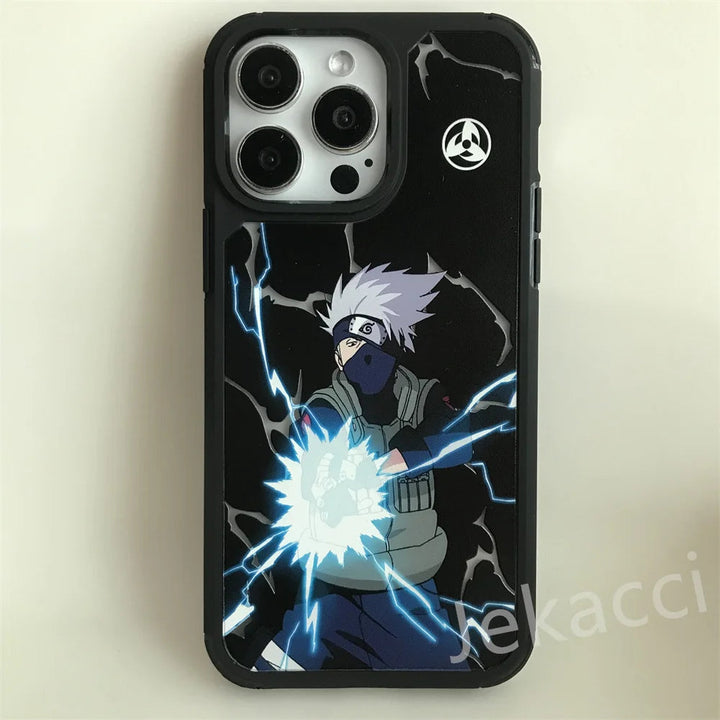 A Hidden Leaf Legends for iPhone case featuring an anime character with white hair in a headband, performing a lightning attack. The phone has a triple camera setup, adding a touch of the Naruto universe to your device.