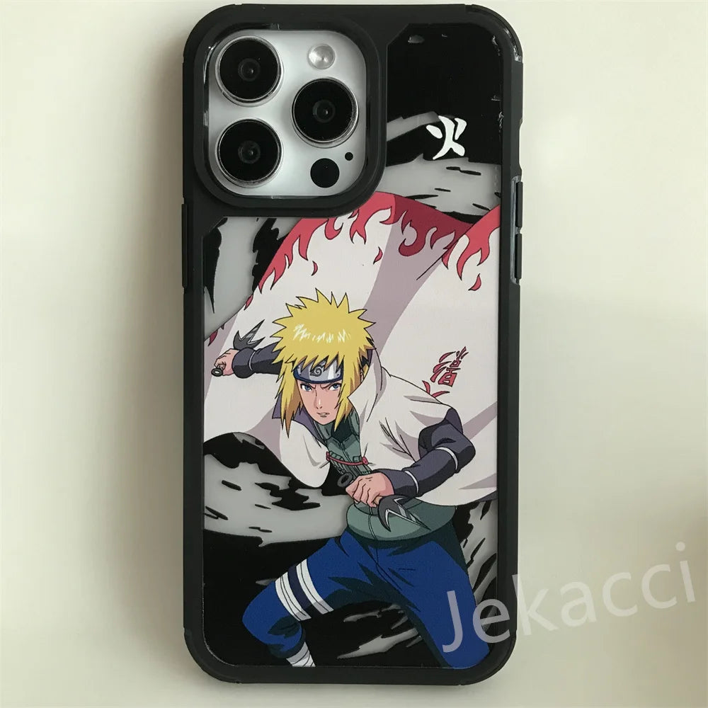 Introducing the Hidden Leaf Legends for iPhone, a phone case showcasing Minato with blond hair, a headband, and blue pants, captured in a dynamic pose against a fiery backdrop. A must-have for any Naruto fan!