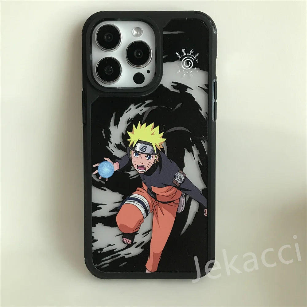 The Hidden Leaf Legends for iPhone case features a sleek black design with an image of Naruto, the blonde-haired, headband-wearing character in orange attire, holding a blue energy sphere.