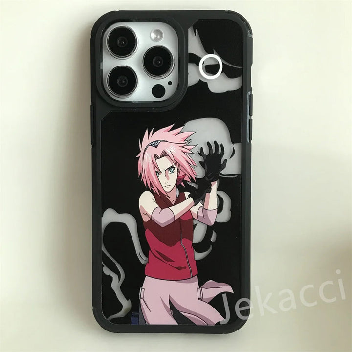 The Hidden Leaf Legends for iPhone features a dynamic anime character with pink hair and a red outfit, set against a striking black background, making it an ideal choice for Naruto and Sasuke fans.