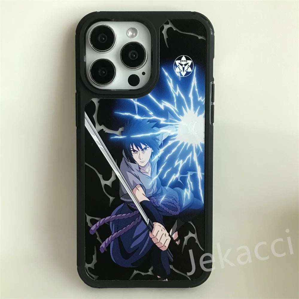 The Hidden Leaf Legends for iPhone features a captivating animated character with black hair wielding a sword, amidst striking blue lightning. 