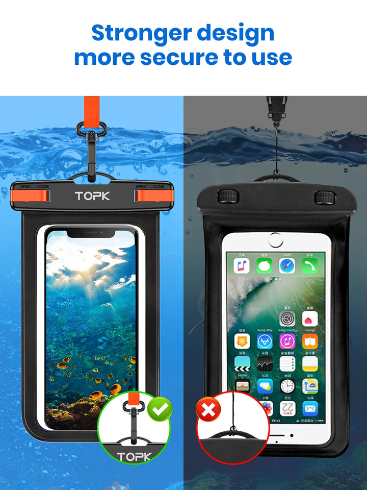 Two IPX8 Waterproof Phone Pouches are displayed underwater. The pouch on the left showcases a phone with an underwater scene, labeled as the better option, featuring IPX8 protection. The pouch on the right shows a phone about to submerge, ideal for outdoor activities and ensuring your device stays dry.