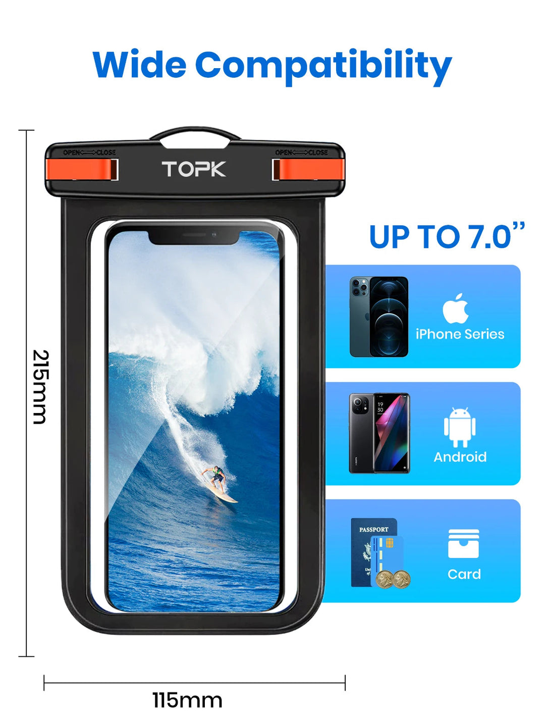 The IPX8 Waterproof Phone Pouch, with dimensions of 215mm x 115mm, is designed to be compatible with devices up to 7.0", including iPhones, Android phones, and cards. It's perfect for outdoor activities due to its high level of protection.