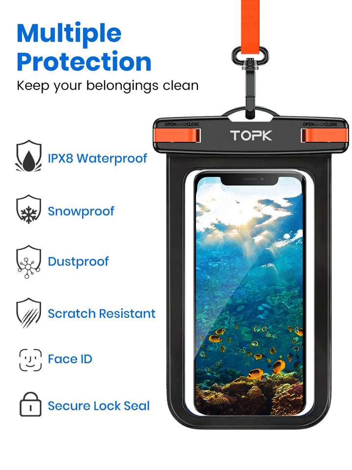 Introducing the IPX8 Waterproof Phone Pouch by TOPK, designed to protect your phone with IPX8-level waterproof protection. This pouch also offers snowproof and dustproof capabilities, is crafted from scratch-resistant materials, supports face ID, and features a secure lock seal. It's your ideal companion for outdoor activities.